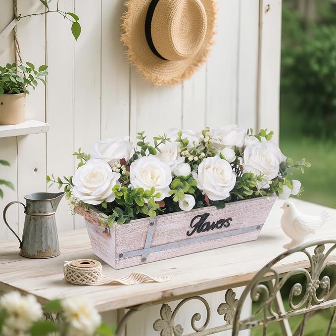 Centerpiece Table Decorations Rustic Wood Tray with 3 Artificial White Rose Flowers and Fake Eucalyptus for Dining Room Farmhouse Living Room Kitchen and Coffee Table Décor