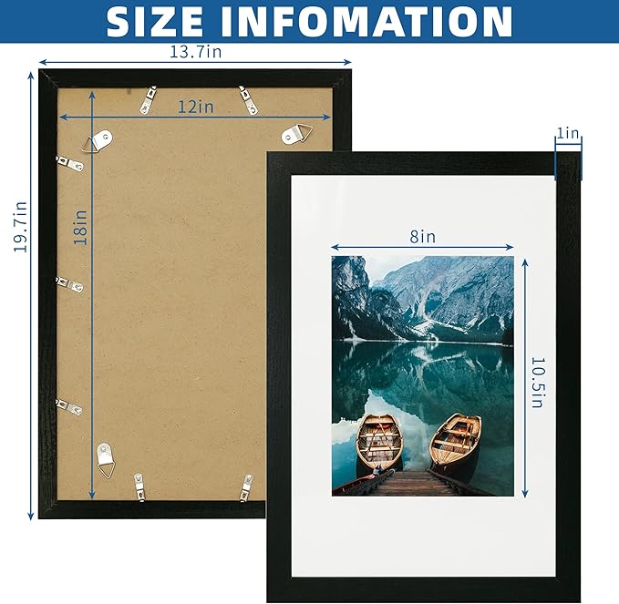 12x18 Frame Set of 2, Rustic Black Wood Style, Display 12 x 18 Poster without Mat or 8.5x11 Picture with Mat, Wall Mounting Horizontal and Vertical