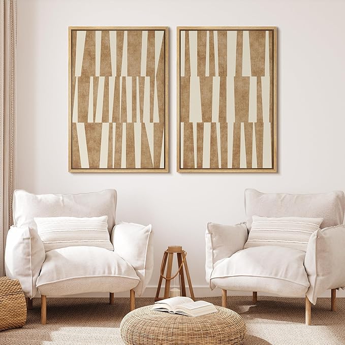 MUDECOR Framed Canvas Print Wall Art Set Taupe Tones Modern Geometric Abstract Illustrations Modern Art Decorative Bohemian Calm/Zen for Living Room, Bedroom, Office - 16"x24"x2 Natural
