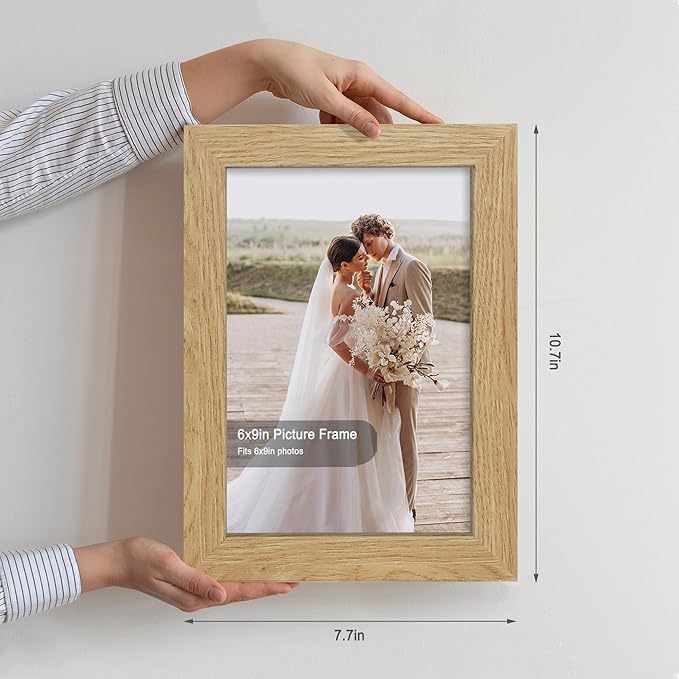 6x9 Picture Frame Set of 2, Made of Real Glass and Natural Oak Wooden Frame - 6 by 9 Photo for Wall or Tabletop Display