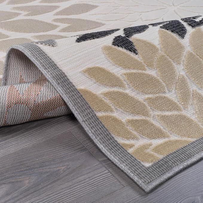Beverly Rug Outdoor Runner Rug 2x7 Modern Floral Tropical Area Rugs for Indoor and Outdoor Patio Easy to Clean Non Shedding Living Room Porch Garden Washable Outside Carpet (2 x 7 Beige)