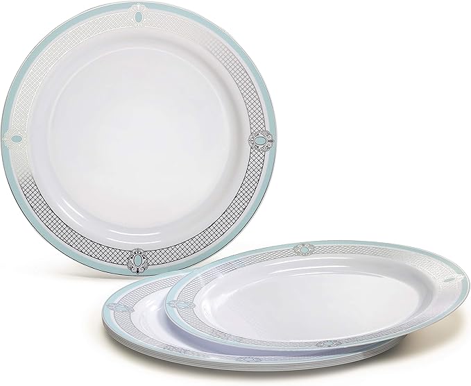 " OCCASIONS " 50 Plates Pack (25 Guests)-Wedding Party Disposable Plastic Plate Set -25 x 10.25'' Dinner + 25 x 7.5'' Salad & Dessert plates (Royal in White/Green & Silver)
