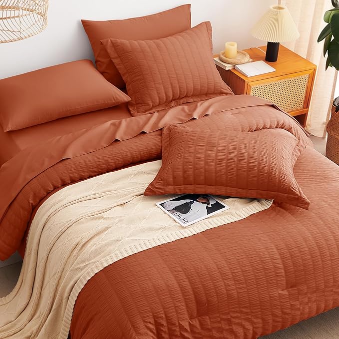 CozyLux Full Size Comforter Sets with Sheets Seersucker 7 Pieces Burnt Orange Bed in a Bag Luxury Terracotta Bedding Set with Down Alternative Comforter, Sheets, Pillowcases & Shams for All Seasons