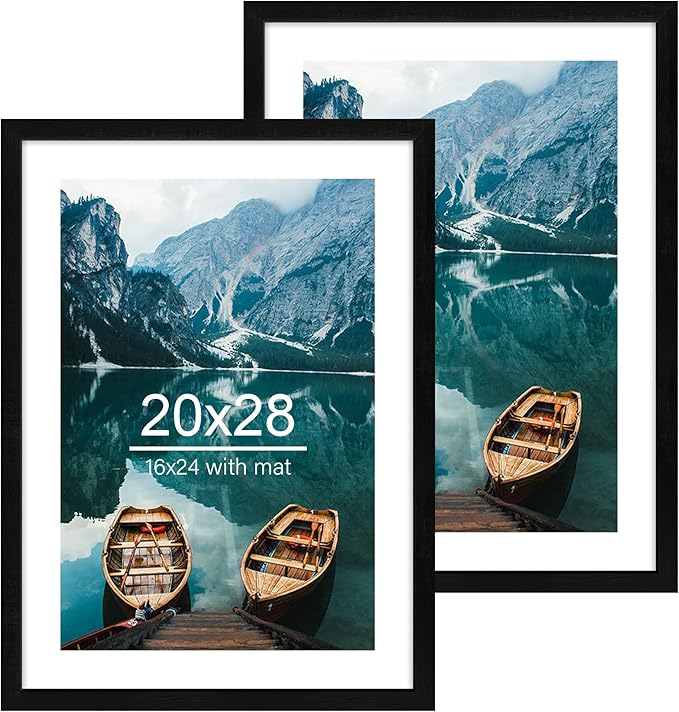 20x28 Picture Frame Set of 2, Rustic Black Wood Style - Display 16x24 Picture with Mat or 20 x 28 Poster without Mat, Wall Mounting Horizontal and Vertical