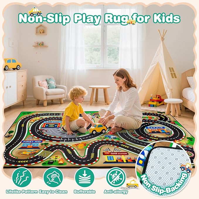 Kids Rug, Race Track Baby Play Mats, 5' x 7' FT Kids Rug for Playroom,Extra Thick (0.4in) Realistic 3D Cascading Surround Route, Great for Playing with Cars and Toys, Non-Slip Car Carpet