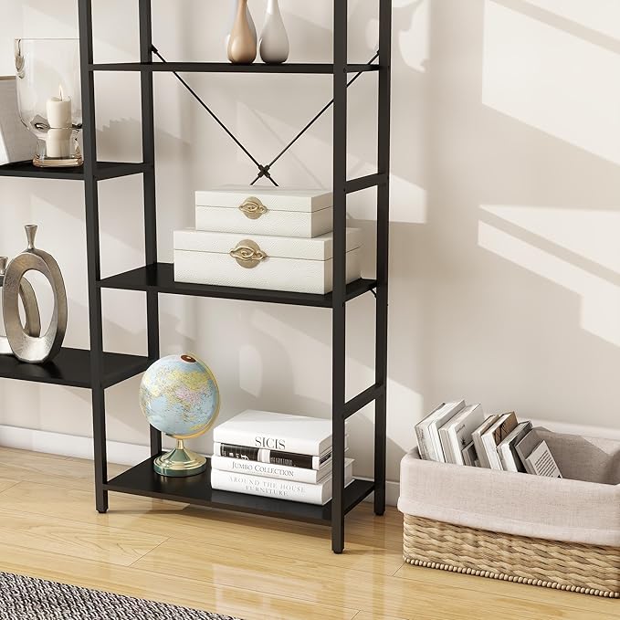 Panana Triple 4/5/6 Tier Bookshelf, Industrial Bookcase with 11/14/17 Open Display Shelves Wide Book Shelf Book Case with Metal Frame for Living Room Home Office (Black, 4 Tier)