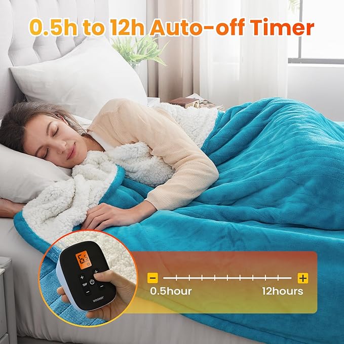 WOOMER Electric Heated Blanket Full Size, Soft Flannel Fast Heating Blanket, Teal Color, 77"x 84", 10 Heating Levels & 0.5-12H Auto Off, Over-Heat Protection