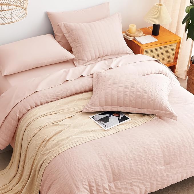 CozyLux Full Size Comforter Sets with Sheets Seersucker 7 Pieces Blush Pink Bed in a Bag Textured Luxury Soft Bedding Set with Down Alternative Comforter, Sheets, Pillowcases & Shams for All Seasons