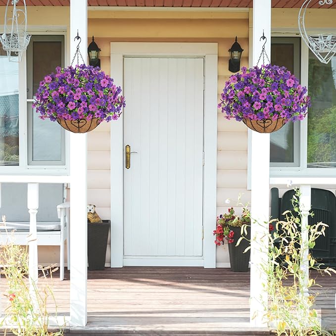 Alynsehom 2 Set Artificial Flowers with Hanging Basket, 2 Outdoor Hanging Plants with 24pcs Faux UV Resistant Fake Silk Azalea in Baskets for Porch Garden Patio Balcony Yard Home Decor(Mix Purple)