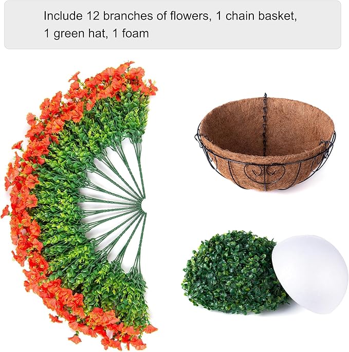 Artificial Fall Hanging Flower Plants Basket for Outdoors, Fake Flowers 12 Bundles Faux Silk Morning Glory for Planter Realistic UV Resistant Artificial Flowers for Outside Porch Garden Patio, Orange