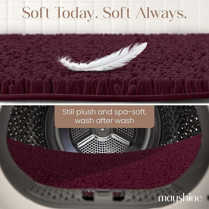 MAYSHINE Plush Shaggy Chenille Bath Mat | Extra Soft, Super Absorbent, Non-Slip Bathroom Rug | Fluffy Microfiber, Area Rug Sets for Bathroom Floor, Kitchen, Living Room | 47"x27" | Burgundy