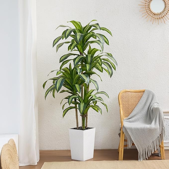 Artificial Dracaena Tree 6ft – UV Resistant Tall Fake Plant with Large Taper Planter & Pebbles– Large Potted Faux Tree for Indoor & Outdoor, Living Room, Office, Porch, Home Decor, VN127