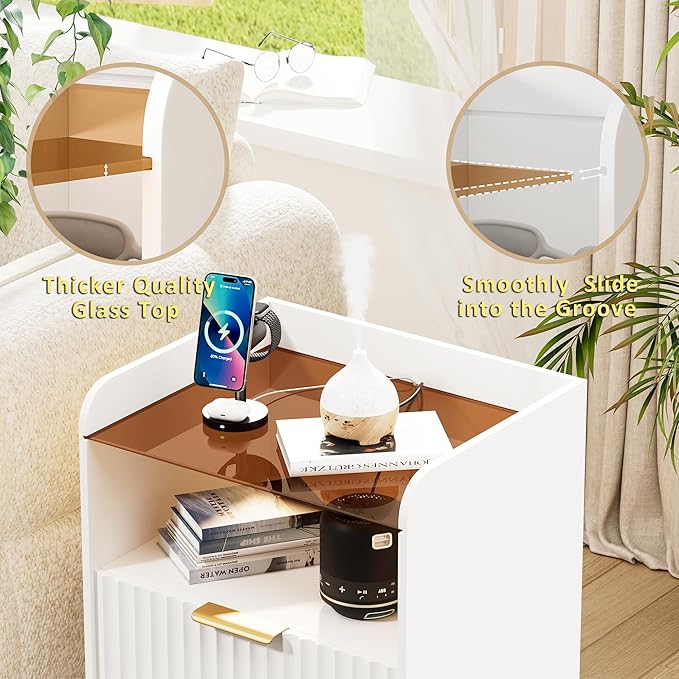 Nightstand Set of 2 with Charging Station, Mid Century Modern Night Stand, Fluted Bedside Table with Glass Top & Metal Legs, Wood End Table for Bedroom, Living Room (White)