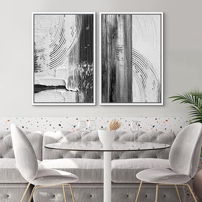 SIGNWIN Framed Canvas Print Wall Art Set Black White Industrial Paint Strokes Abstract Shapes Illustrations Modern Art Minimal Decorative Nordic for Living Room, Bedroom, Office - 16"x24"x2 White