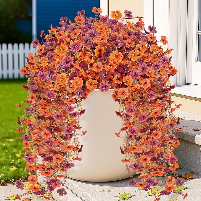 4PCS Fall Artificial Hanging Flowers Plants for Outdoors, 4Pcs Faux Silk Flowers with Eucalyptus Leaves, Fake Fall Flowers for Autumn Home Patio Porch Outside Decor (Orange Red)