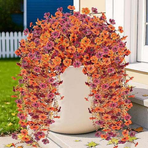 4PCS Fall Artificial Hanging Flowers Plants for Outdoors, 4Pcs Faux Silk Flowers with Eucalyptus Leaves, Fake Fall Flowers for Autumn Home Patio Porch Outside Decor (Orange Red)