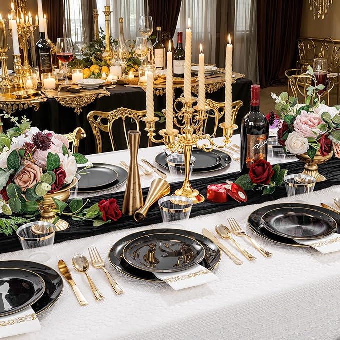 700PCS Black and Gold Disposable Dinnerware Set - Includes 100 Black Plastic Plates, 100 Dessert Plates, 100 Gold Plastic Silverware Set, 100 Cups 9 OZ, 100 Napkins Ideal for Wedding Party Birthday