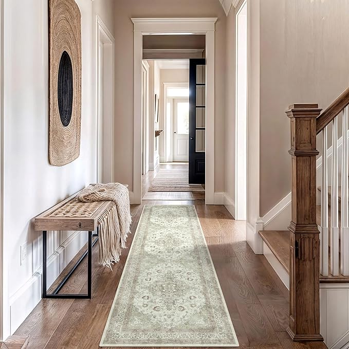 vivorug Runner Rug 2'x8' Vintage Floral Washable Non-Slip Runners for Hallways Kitchen Entryway Laundry Room Carpet Hallway Runner Sage Green