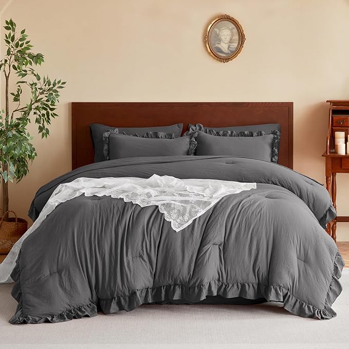 MR&HM Cal King Ruffle Comforter Set, Dark Grey 7 Pieces Boho Bed in a Bag Set, Farmhouse Shabby Chic Bedding Set with 1 Comforter, 1 Flat Sheet, 1 Fitted Sheet, 2 Pillowcases & 2 Pillow Shams