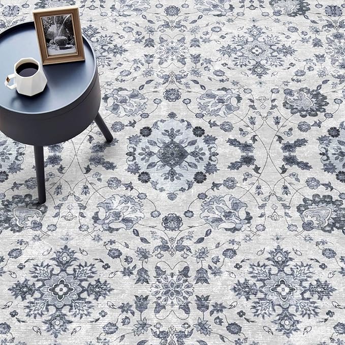 vivorug 9x12 Area Rugs, Stain Resistant Washable Rug for Living Room, Floral Rug Vintage Inspired (Ivory/Blue, 9'x12')