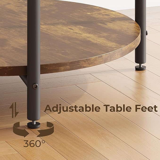 LIKIMIO Round End Table with Charging Station, 23.6" W Wooden Side Table with 2-Tier Storage, Modern Nightstand for Small Spaces, Living Room, Bedroom, Rustic Brown