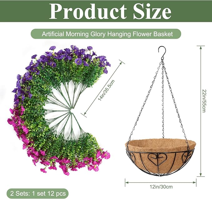 KHOYIME Artificial Hanging Flowers Plants Basket for Outdoors Indoor, 2 Set Faux Silk Purple Fuchsia Morning Glory Fake Eucalyptus Planters UV Resistant Spring Summer for Decor Home Garden Porch Patio