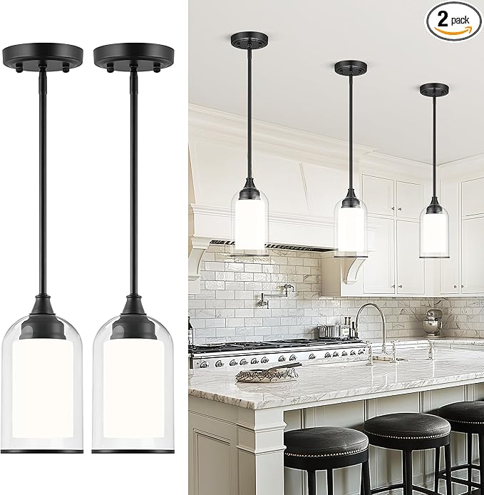 LIROUVET 2 Pack Pendant Lights Kitchen Island, Dual Glass Pendant Lights, Black Hanging Lamp with Clear and Milk Glass, Industrial Pendant Light Fixtures for Dining Room PL02BK-2PK