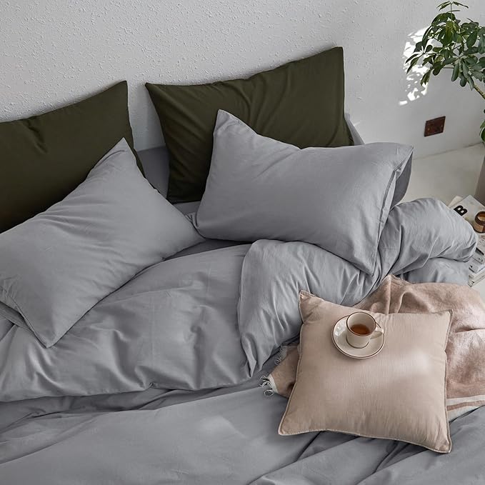 MooMee King Duvet Cover Set, 100% Washed Cotton Linen Like Twill Thick Sturdy Material Super Soft Breathable Durable Bedding for All Season, 3 Pieces (Polar Grey, King 104"x90")