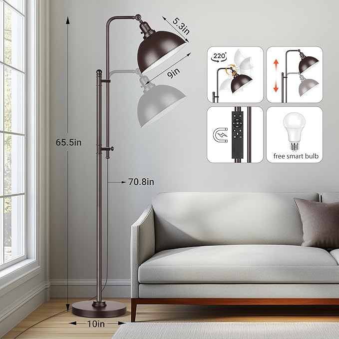 PARTPHONER Industrial Floor Lamp Adjustable, Rustic Farmhouse Reading Lamp in Aged Brown Finish Modern Standing Lamp with Remote Control Metal Shade for Living Room Bedroom Study Room Office Hotel