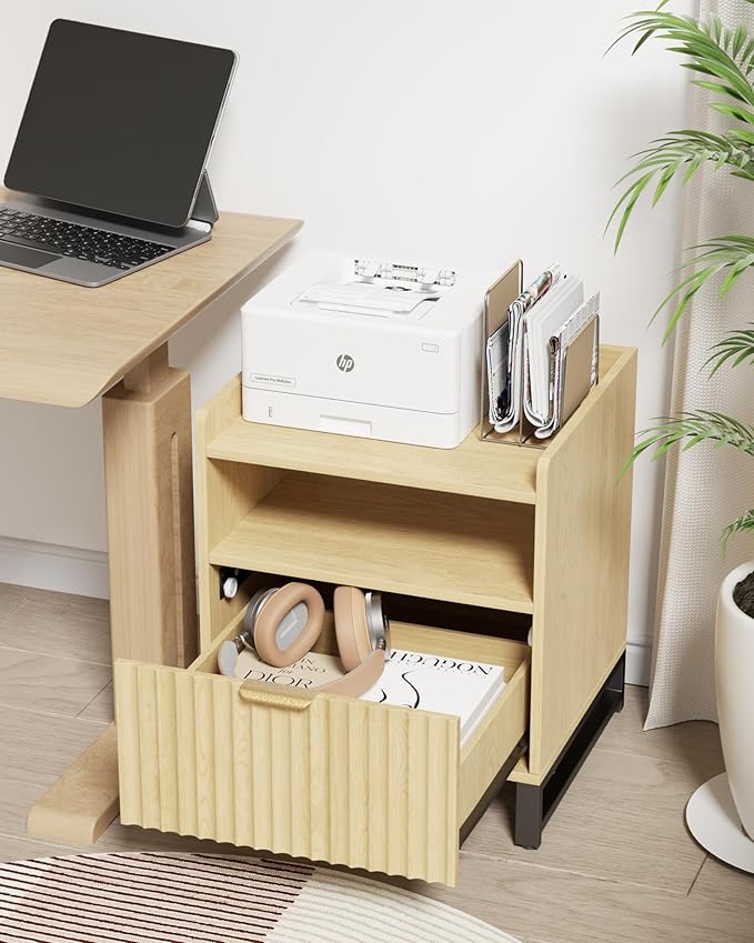 Fluted Night Stand Set 2 with Charging Station, Wood Nightstand with Large Drawer and Open Storage Cabinet, Mid-Century Modern Bedside Table End Table for Bedroom Closet Office