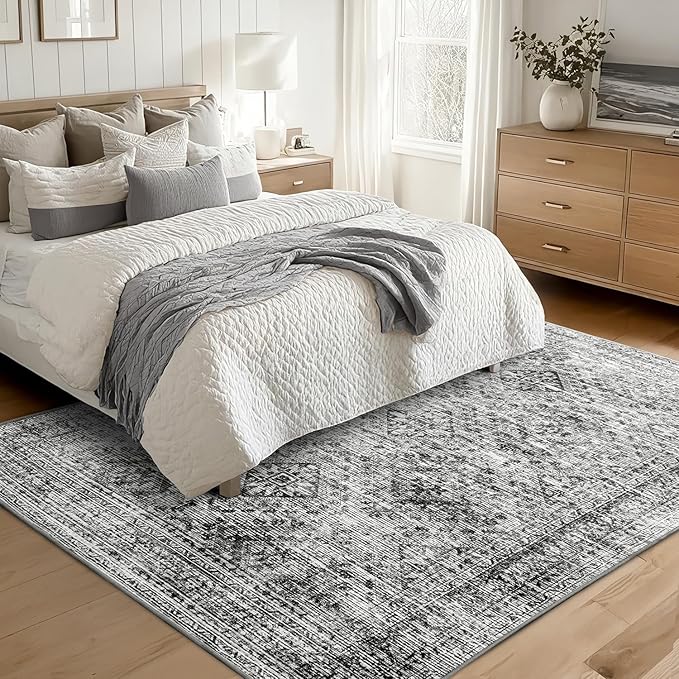 MIULEE 5x7 Vintage Living Room Rug Washable Area Rugs Low Pile Floor Mat for Bedroom Dining Room Non-Slip Stain Resistant Soft Indoor Carpet for Home Decor, Grey
