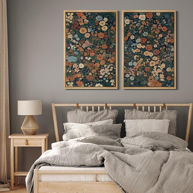 MUDECOR Framed Canvas Print Wall Art Vintage Floral Botanical Colorful Wildflowers Illustrations Modern Art Decorative Bohemian Colorful for Living Room, Bedroom, Office - 16"x24"x2 Natural