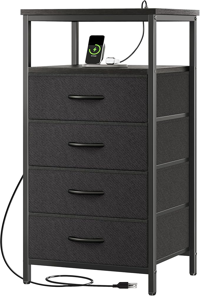 Huuger Night Stand with Charging Station, 4 Drawer Dresser for Bedroom, Bedside Table, 33.9 Inch Tall Nightstand with Open Shelf, End Table, for Closet, Entryway, Bedroom, Black 8055BC
