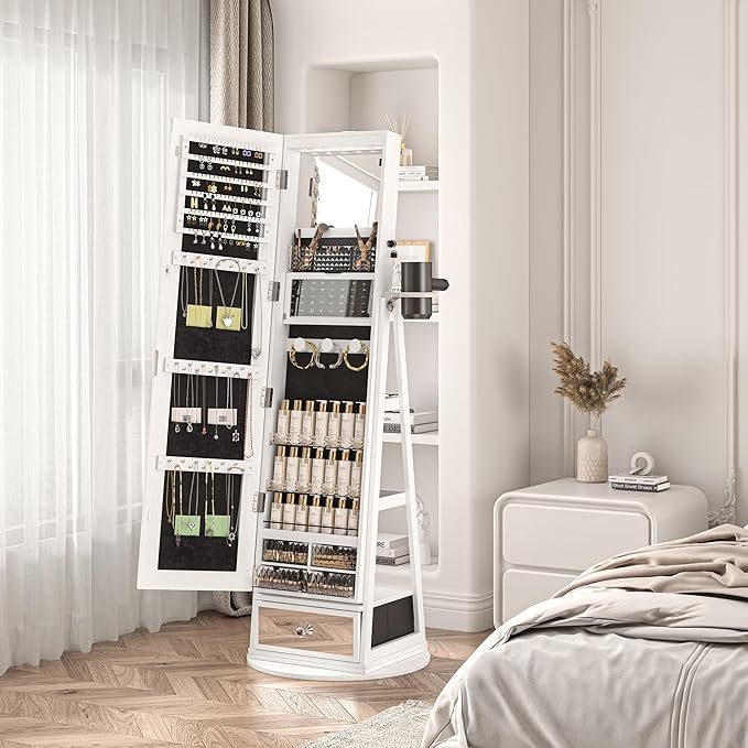 Mirror Jewelry Cabinet Standing, 360° Swivel Jewelry Armoire with 6 LED Lights, Rotatable Mirror Jewelry Organizer, White