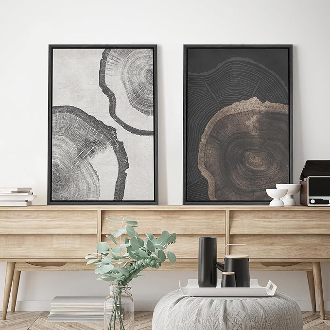 SIGNWIN Framed Canvas Print Wall Art Wood Tree Rings Abstract Illustrations Minimalist Modern Wall Art Neutral Boho Decor for Living Room, Bedroom, Office - 16"x24"x2 Black