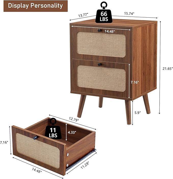 Mid Century Night Stand, Modern Nightstand with Drawer & Curved Linen Panel, Farmhouse End Table Wood Bedside Table Small Side Tables for Small Space, Bedroom (Walnut)