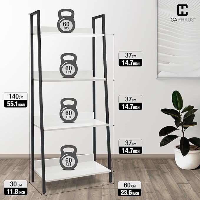 CAPHAUS 4 Tier Ladder Bookshelf, 24 Inch Width Free Standing Shelf, Bookcase Shelf Storage Rack Organizer, Industrial Book Shelves for Home Office, Living Room, Kitchen, White Wooden Shelves