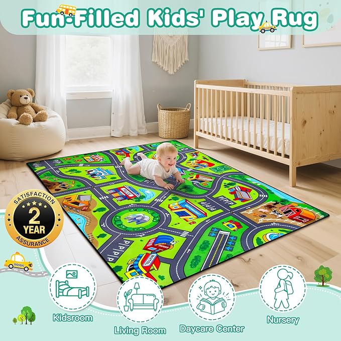 Road Car Rug, 3x5 Ft City Road Rug for Kids, Extra Thick (0.4in) Kids Floor Play Mat and Car Carpet with Realistic Colors - Perfect for Children, Soft and Non-Slip for Playroom and Bedroom