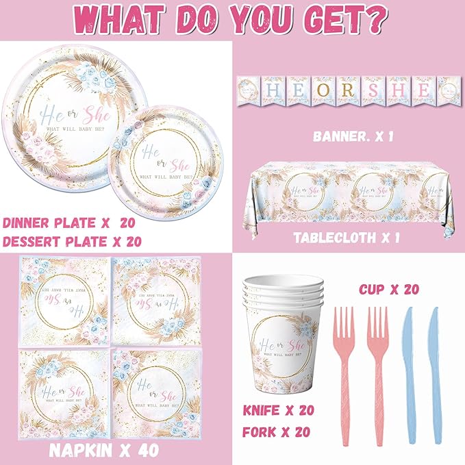 Boho Baby Shower Decorations - 142Pcs Gender Reveal Plates,Napkins,Tablecloth He or She What Will Baby Be Party Tableware for Boy or Girl Gender Reveal,Neutral Baby Shower Party Supplies