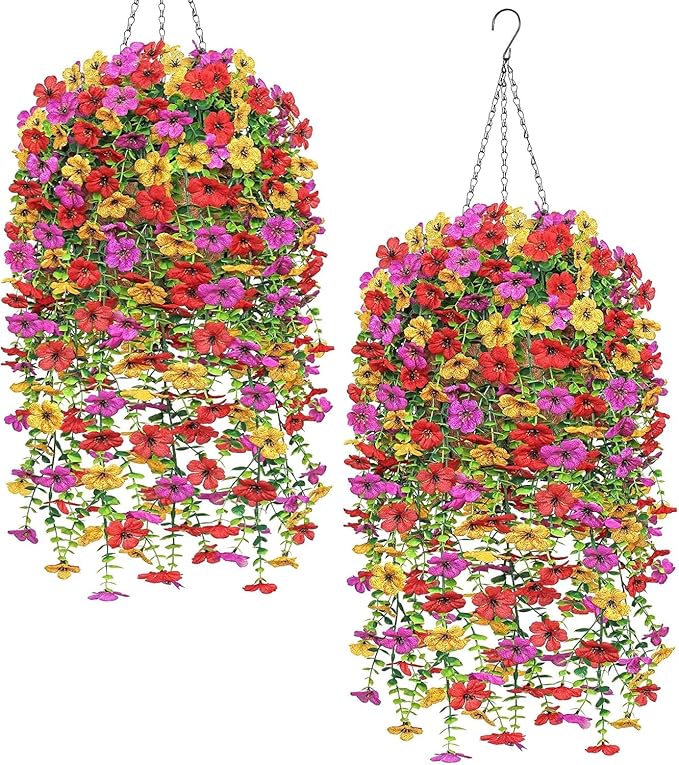 Dremisland 2 Set Artificial Hanging Baskets Outdoor Multicolored Silk Flower Plants Fake Flowers DIY Chain Hanging Basket Daisy Faux Flowers with Pot for Porch Garden Balcony Patio Summer Decor