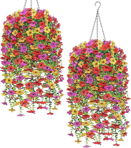 Dremisland 2 Set Artificial Hanging Baskets Outdoor Multicolored Silk Flower Plants Fake Flowers DIY Chain Hanging Basket Daisy Faux Flowers with Pot for Porch Garden Balcony Patio Summer Decor