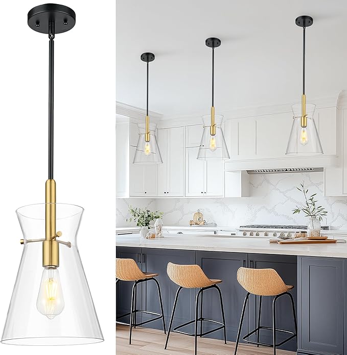 Emak Black and Gold Pendant Light Fixtures, 9 Inch Clear Glass Pendant Lights Kitchen Island, Modern Farmhouse Large Hanging Lights for for Kitchen, Dining Room, Bathroom, PL130-BKBGD-CG