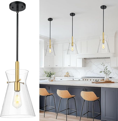 Emak Black and Gold Pendant Light Fixtures, 9 Inch Clear Glass Pendant Lights Kitchen Island, Modern Farmhouse Large Hanging Lights for for Kitchen, Dining Room, Bathroom, PL130-BKBGD-CG