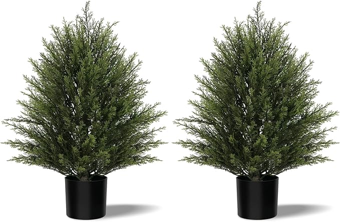 2FT Artificial Cedar Trees Set of 2, Realistic Faux Evergreen Topiary Bushes Plants, Outdoor Potted Fake Cypress Shrubs for Front Porch Garden Home Living Room Decor