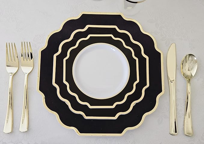 " OCCASIONS " 80 Plates Pack,(40 Guests) Heavyweight Premium Wedding Party Disposable Plastic Plates Set -40 x 10.5'' Dinner + 40 x 8'' Salad/Dessert (Imperial in Black & Gold)