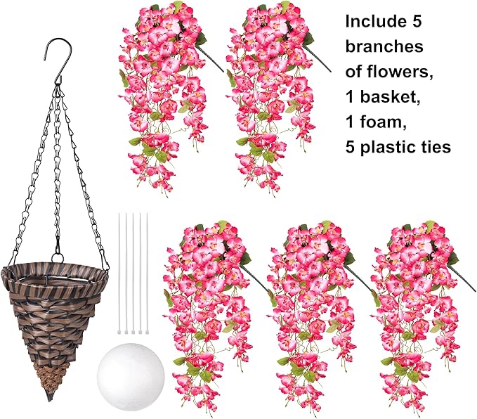 Ivydale Artificial Faux Hanging Flowers Plant Baskets for Outdoors Decoration, Fake Hibiscus UV Resistance Realistic Silk Flower for Outside Home Patio Porch Balcony Garden Wedding (H-Pink, Hibiscus)
