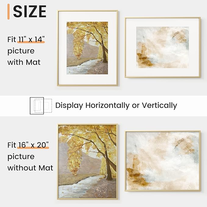 16x20 inch Metal Picture Frame - 16 x 20 Thin Aluminum Photo Frames with 11x14 Removable Mat - High Definition Plexiglass - Vertical and Horizontal Display - Wall Hook Hanging Hardware Included - Gold, Set of 4