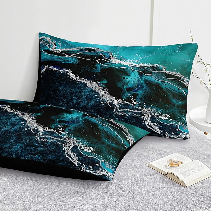 Black Marble Comforter Queen Turquoise Blue Bedding Set 3 Pcs Marble Stone Natural Theme Artwork Abstract Comforter Sets Super Soft Cozy Black Bed in A Bag with Comforter and Sheet Set