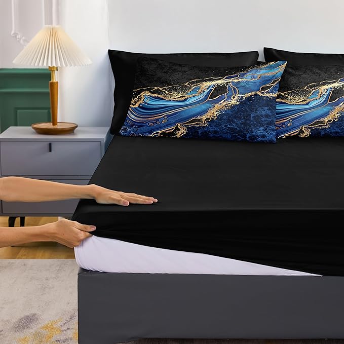 Blue and Gold Comforter Blue Marble Bedding Set 8 Pieces Full Bed in a Bag with 1 Black Gold Comforter, 1Flat Sheet, 1 Fitted Sheet, 4 Pillowcases, 1 Marble Cushion Cover