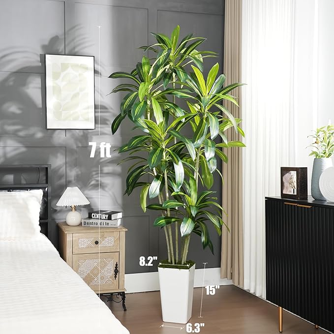 Dracaena Plant Artificial Tree 7Ft Tall Fake Tropical Floor Plants Potted (Real Touch) Artificial Silk Tree Leaf Faux Trees White Tall Planter for Home Office Living Room Indoor Outdoor Decor
